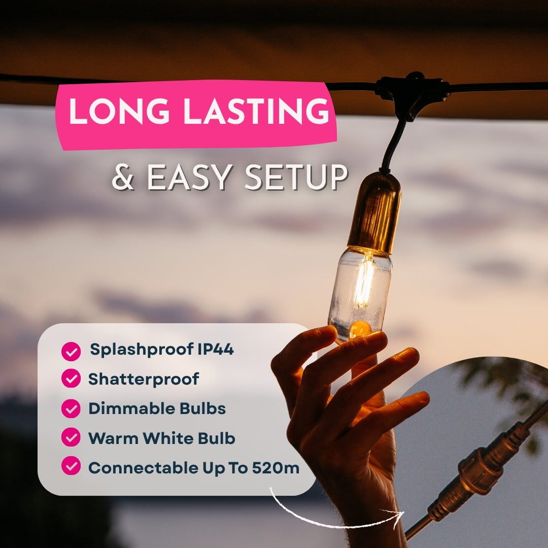 Feature graphic for Ultimate Gold Drop String Lights listing T45 tubular bulbs, brushed gold E27 socket, individual drop wires, IP44 splash resistant, and connectable up to 52 sets from a single plug point