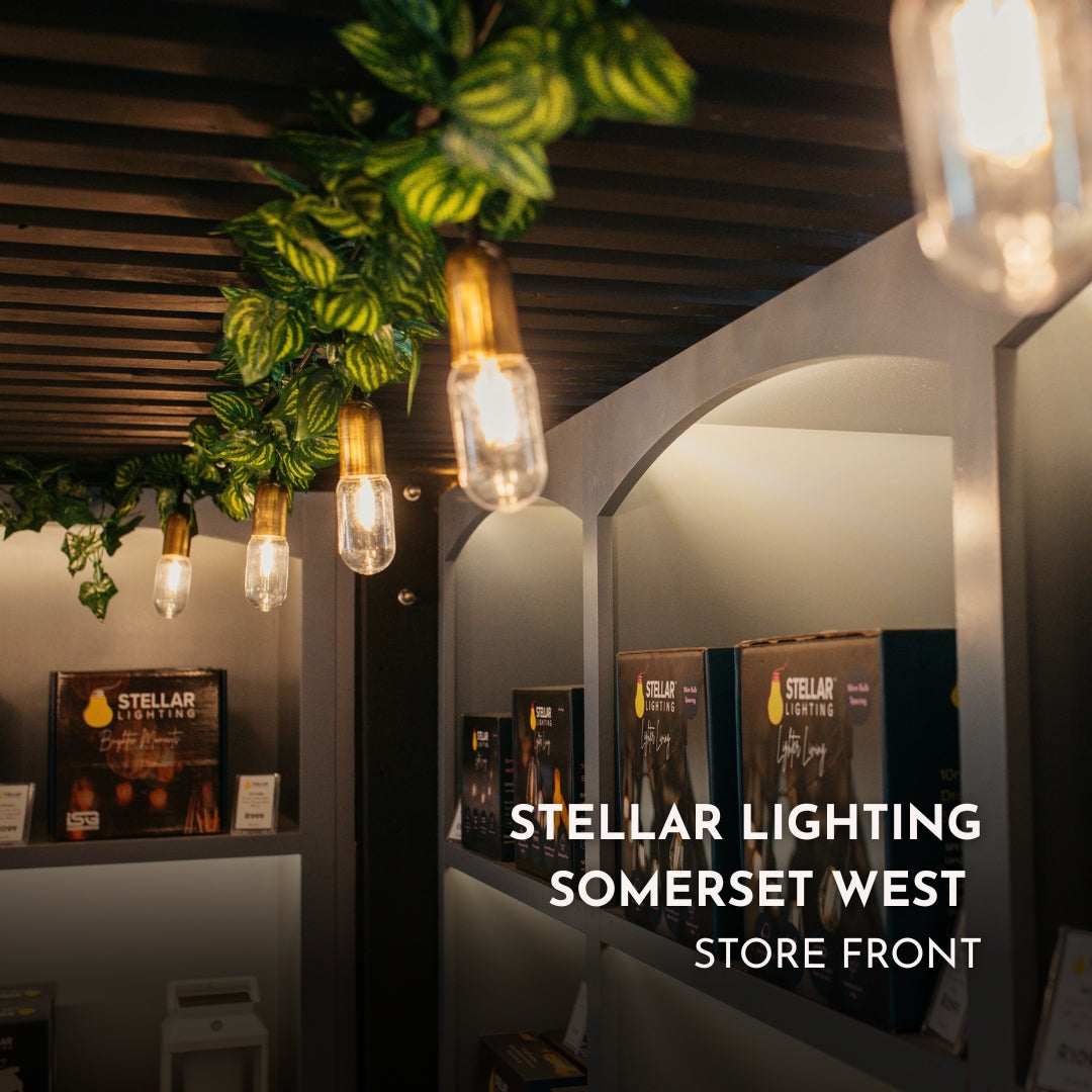 Ultimate Gold Festoon String Lights with warm golden T45 retro bulbs strung at 1m spacing across a pergola with greenery in the Stellar Lighting Somerset West showroom