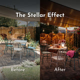 Split image showing the same South African garden and pool area in daylight and at dusk lit with Ultimate White Drop String Lights and outdoor dining setup