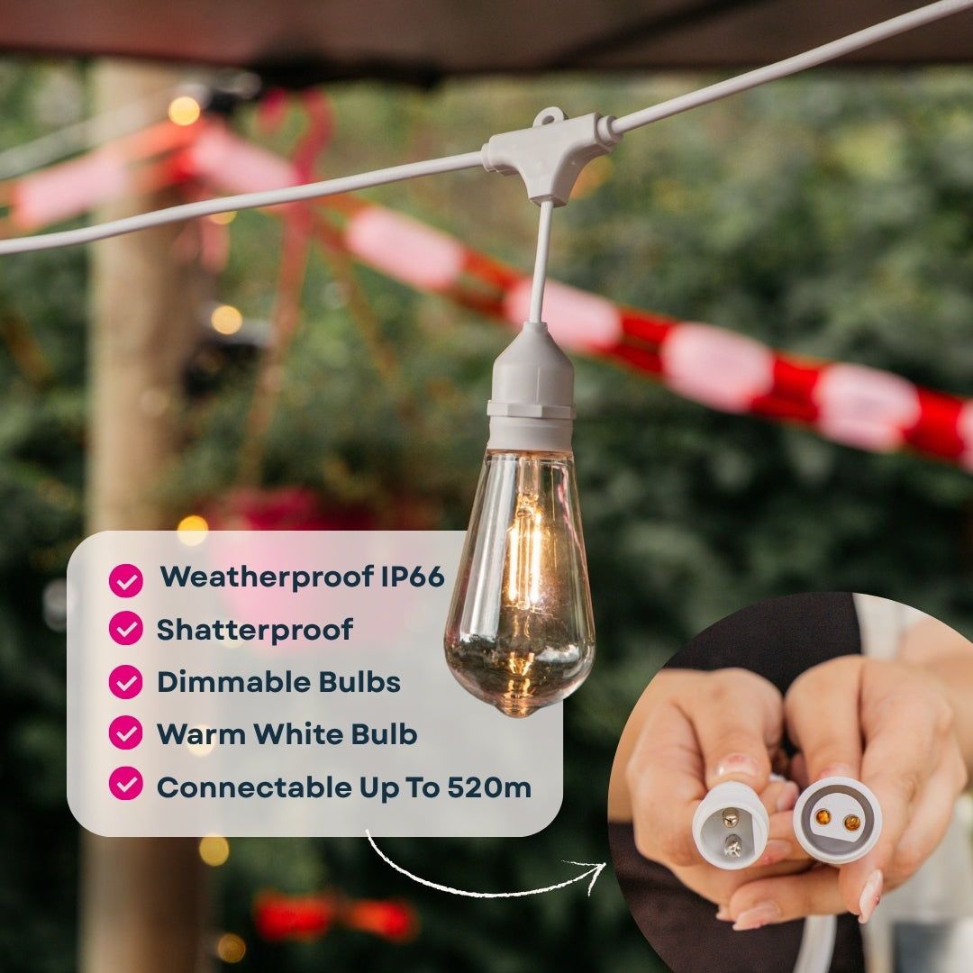 Feature graphic for Ultimate White Drop String Lights listing IP66 weatherproof, shatterproof, dimmable, warm white, and connectable up to 520m with long lasting and easy setup callout