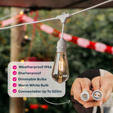 Feature graphic for Ultimate White Drop String Lights listing IP66 weatherproof, shatterproof, dimmable, warm white, and connectable up to 520m with long lasting and easy setup callout