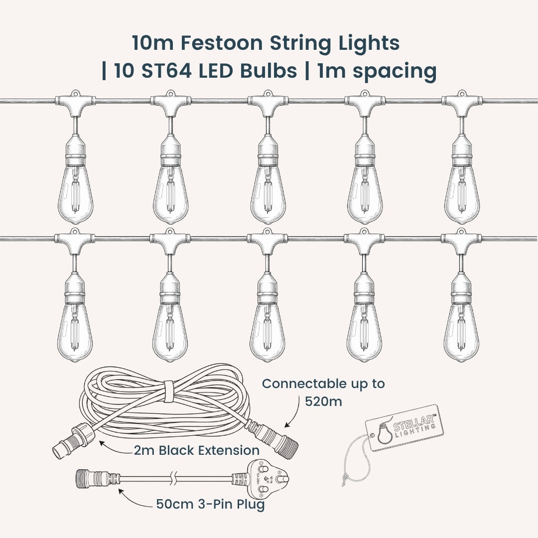 Technical line drawing of Ultimate White Drop String Lights showing 10m white cable with 10 ST64 bulbs on individual drop wires at 1m spacing, 2m white extension cable, South African 3-pin plug, connectable up to 500m callout, and 2 spare bulbs