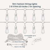 Technical line drawing of Ultimate White Drop String Lights showing 10m white cable with 10 ST64 bulbs on individual drop wires at 1m spacing, 2m white extension cable, South African 3-pin plug, connectable up to 500m callout, and 2 spare bulbs