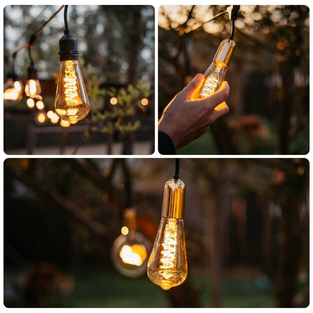 Collage of ST64 vintage LED bulb with golden spiral filament shown in various interior and pendant light settings