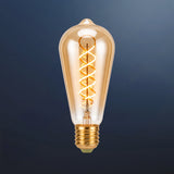 Single ST64 vintage LED bulb with golden spiral filament and amber tinted glass on a dark navy background