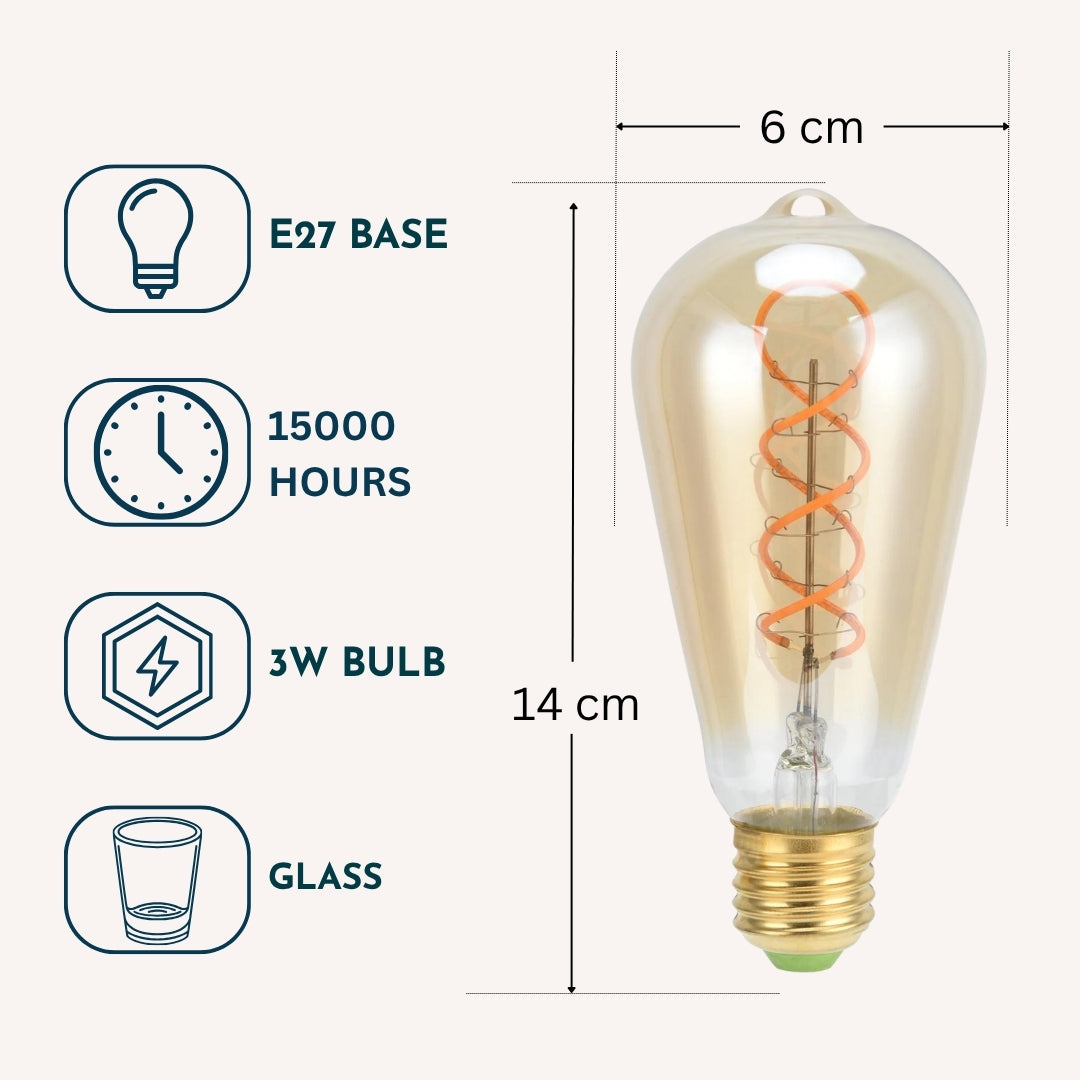 Spec graphic for ST64 vintage LED bulb showing E27 base, lifespan, 3W wattage, and bulb dimensions