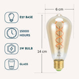 Spec graphic for ST64 vintage LED bulb showing E27 base, lifespan, 3W wattage, and bulb dimensions