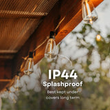 Vintage string lights hanging under a wooden lapa with IP44 splashproof rating callout, best kept under cover long term