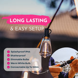 Long lasting and easy setup infographic for vintage string lights showing IP44 splashproof, shatterproof, dimmable, warm white, and connectable up to 100m