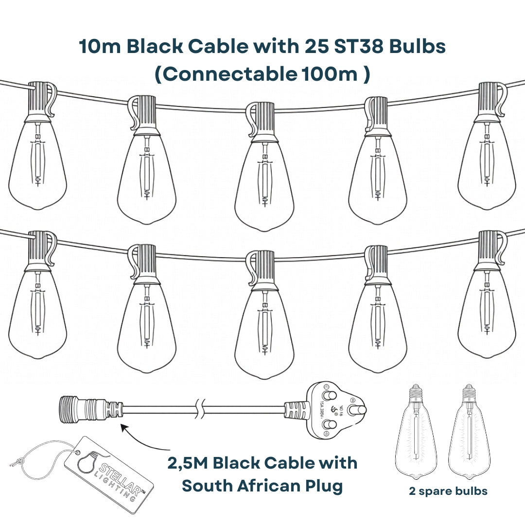 Product diagram showing 10m black cable with 25 ST38 bulbs, 2.5m lead with South African plug, and 2 spare bulbs included