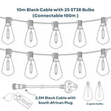 Product diagram showing 10m black cable with 25 ST38 bulbs, 2.5m lead with South African plug, and 2 spare bulbs included