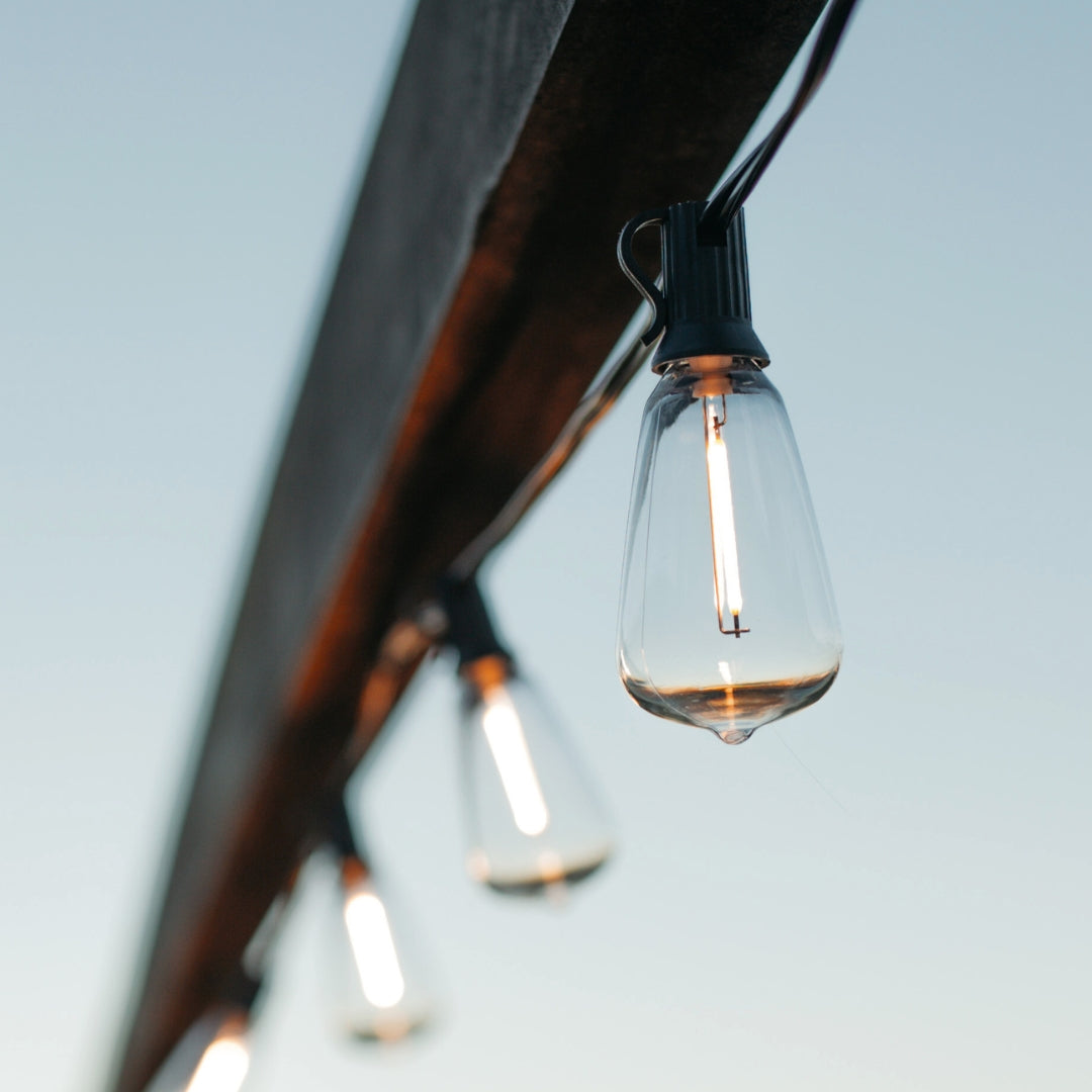 Close-up of ST38 Edison vintage LED bulb hanging from black cable under a pergola at dusk