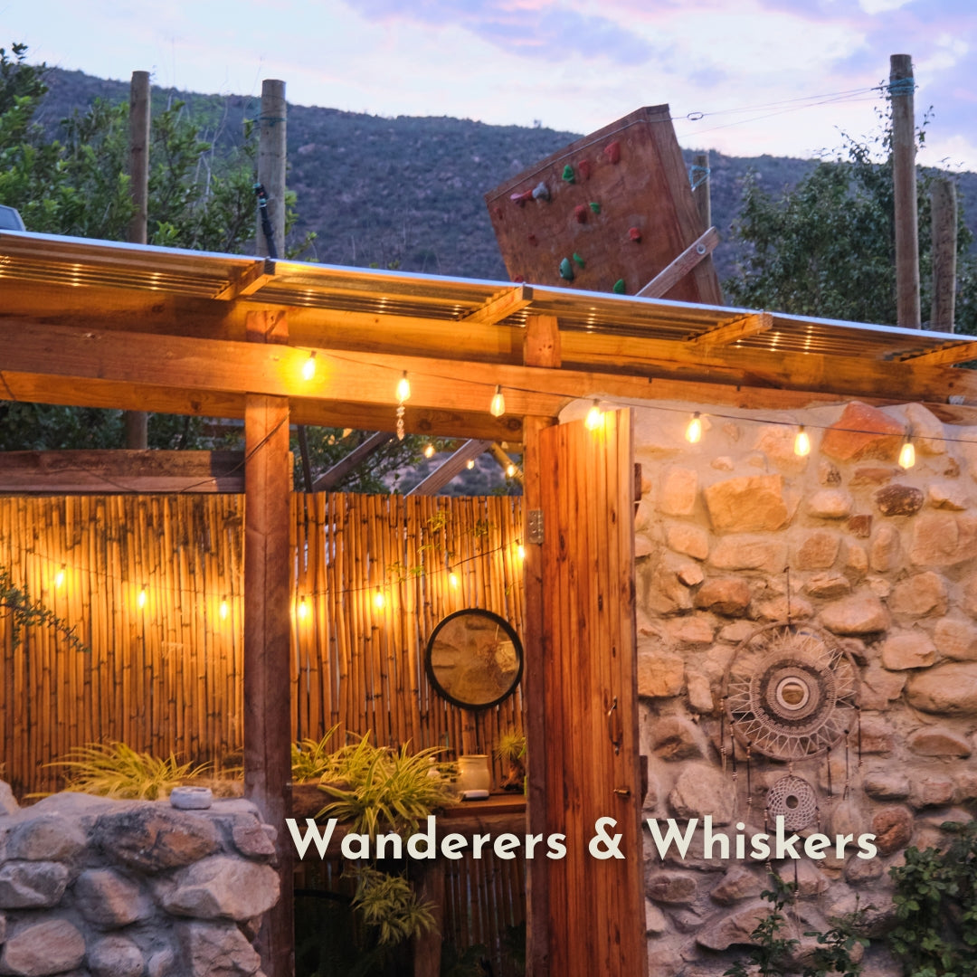 Vintage string lights glowing under a covered outdoor lapa at Wanderers and Whiskers homestead at dusk