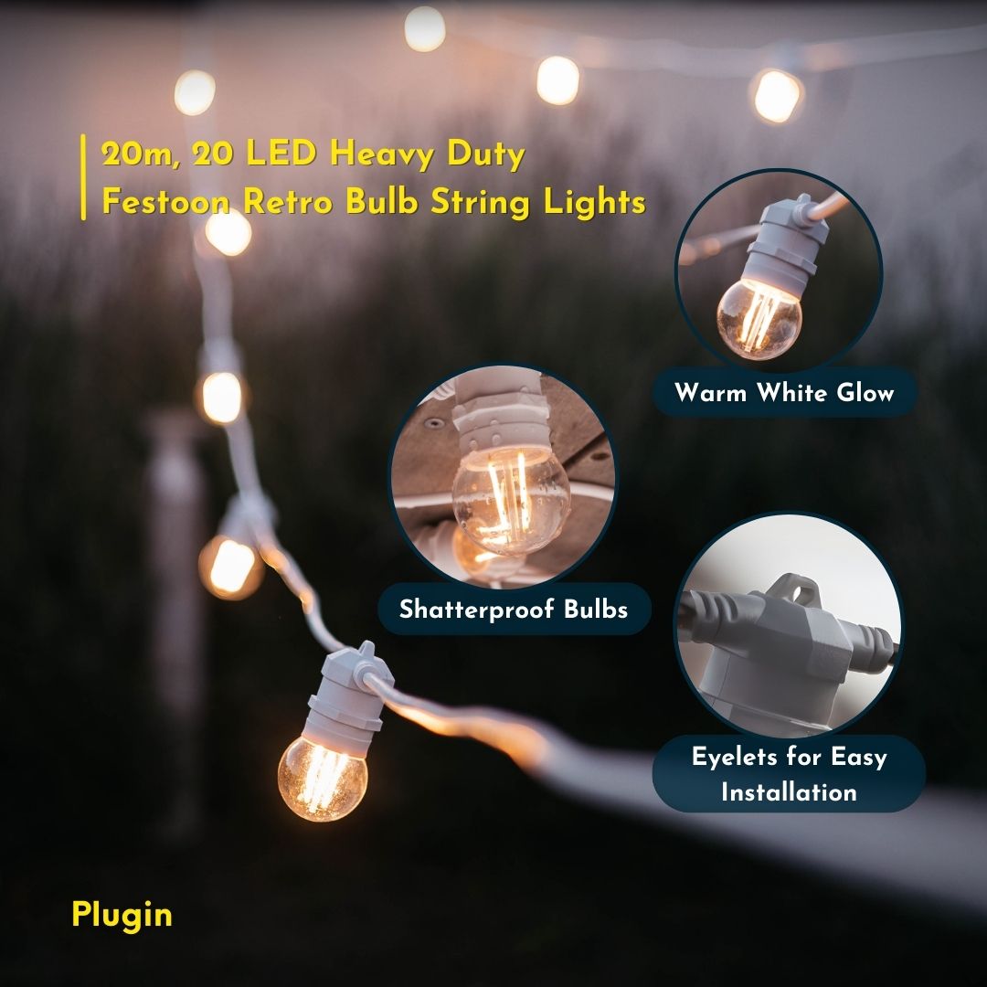 Stellar Lighting Wedding 20 LED Festoon Retro Bulb White String Lights - 20m