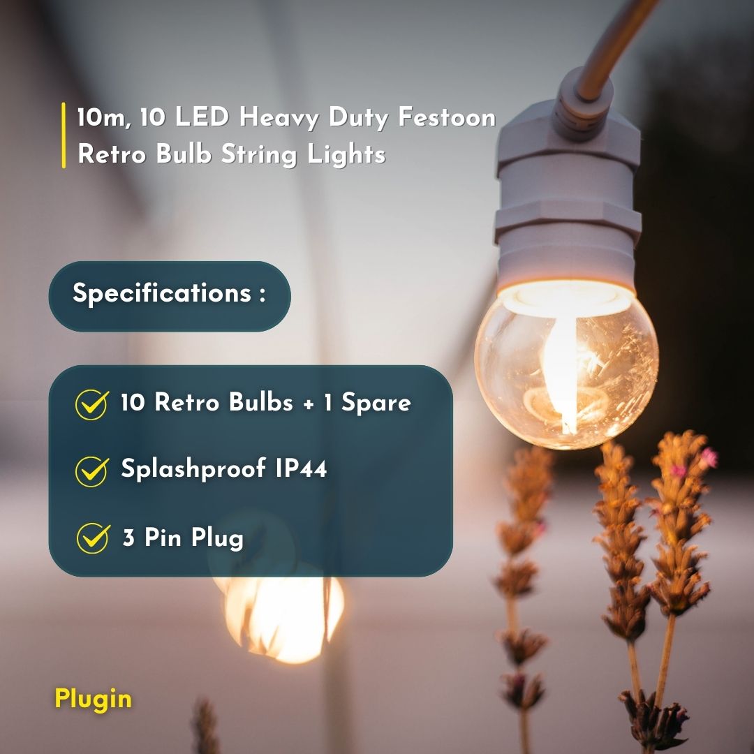 Stellar Lighting Wedding 10 LED Festoon Retro Bulb White String Lights – 10m