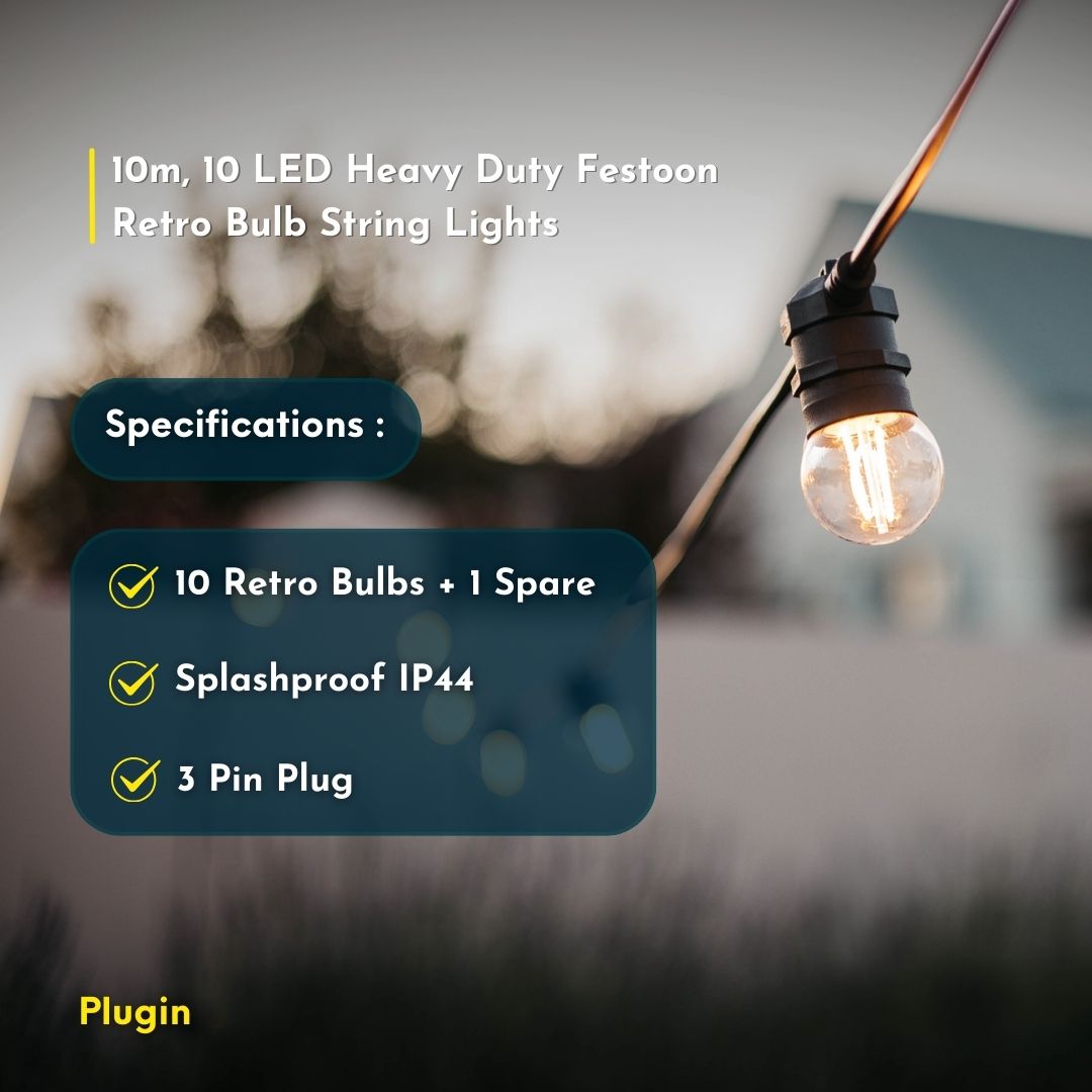 Stellar Lighting 10 LED Festoon Retro Bulb String Lights - 10m Warm White Outdoor String Lights in South Africa