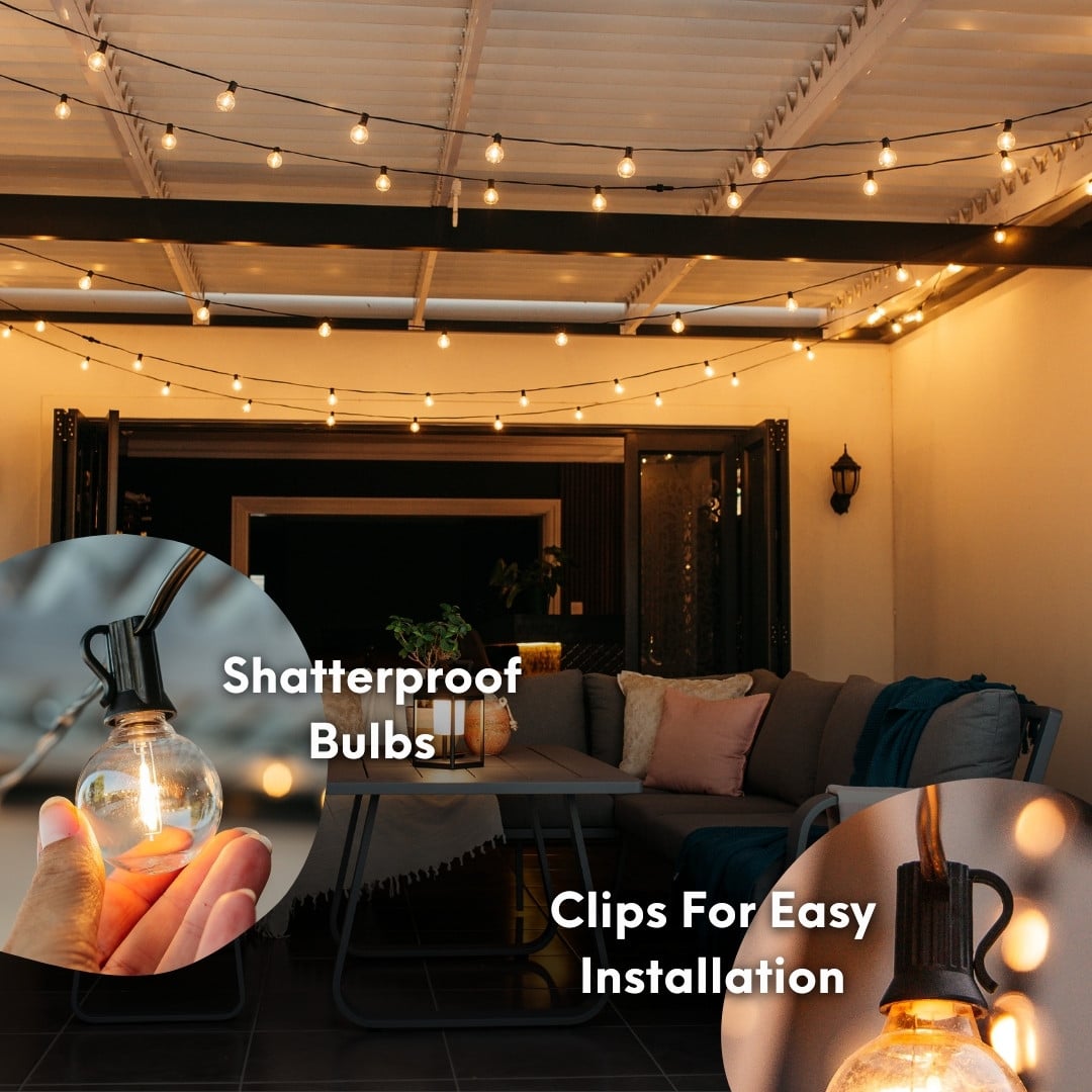 Outdoor black string lights with 25 warm LED bulbs creating a soft glow over a patio at night