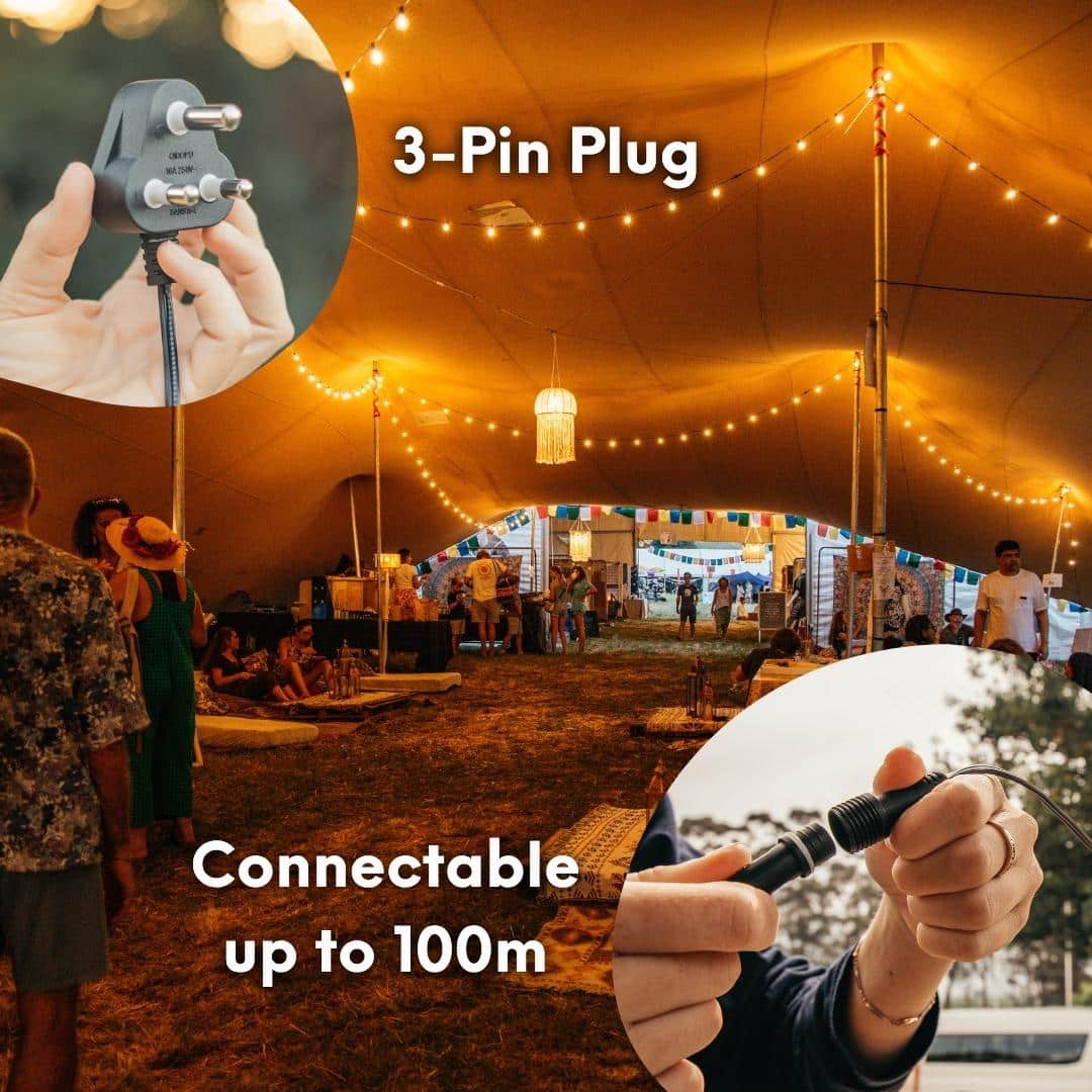 Outdoor black string lights with 25 warm LED bulbs creating a soft glow over a patio at night