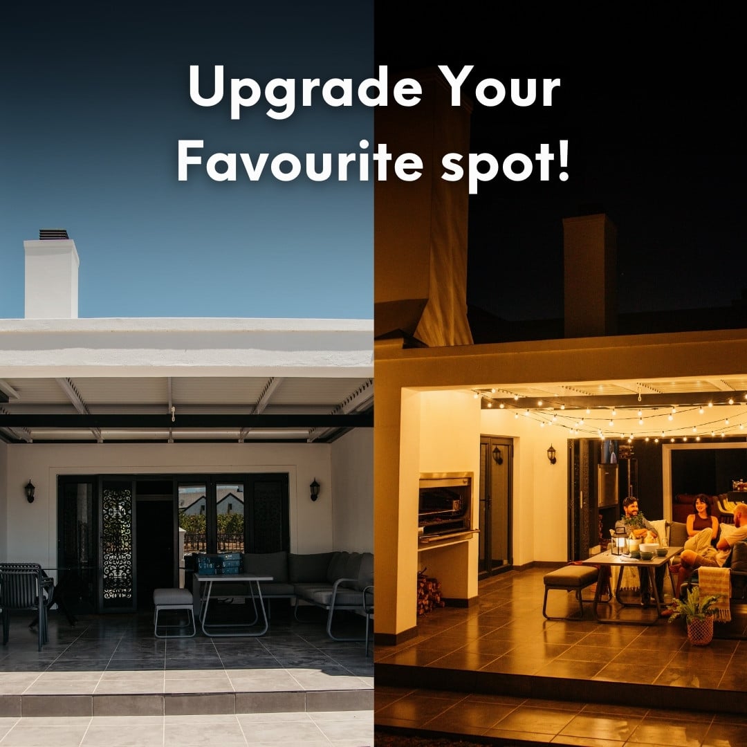 Outdoor black string lights with 25 warm LED bulbs creating a soft glow over a patio at night