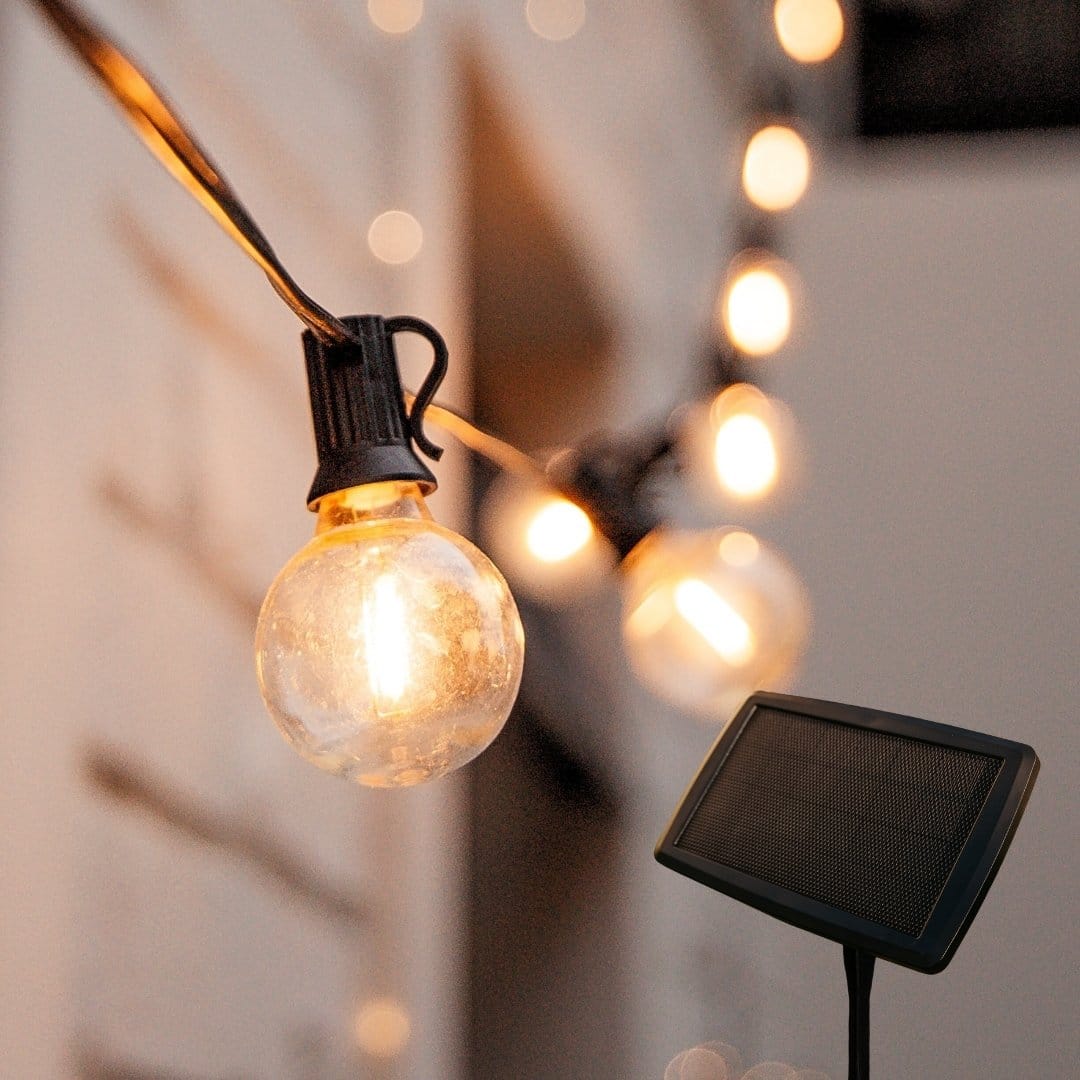10m solar-powered warm white string lights with 25 LED bulbs for outdoor use in South Africa, perfect for gardens, patios, and load shedding lighting.