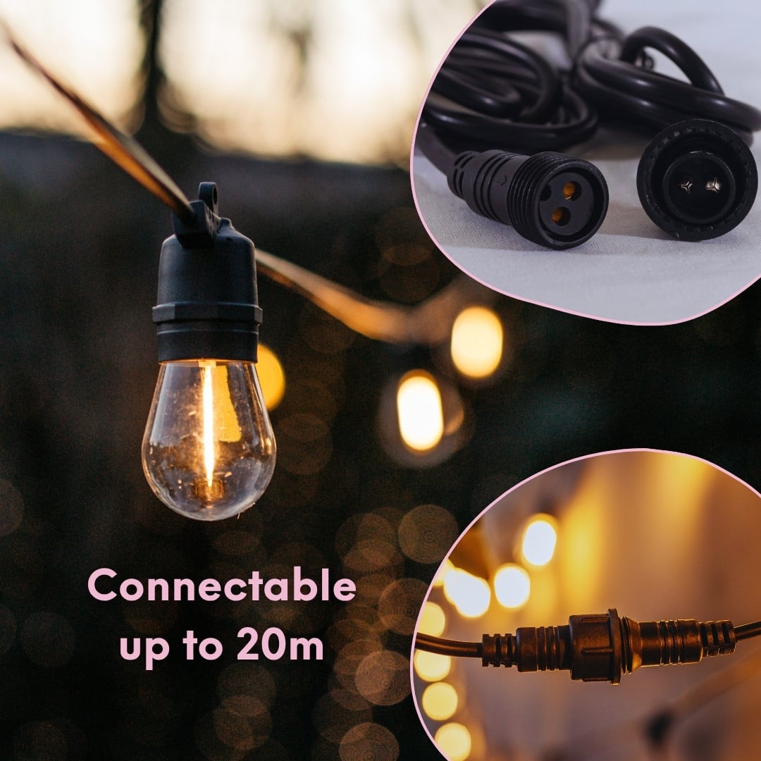 10m solar LED festoon string lights with vintage bulbs connectable up to 20m