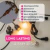 Product specification graphic for Stellar Drop String Lights showing the included 2 metre extension cable, IP66 rating, and connectable length