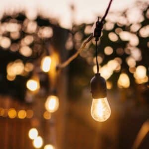 Stellar Lighting Drop String Lights with 20 warm white S14 bulbs on a black cable, 10 metres in length