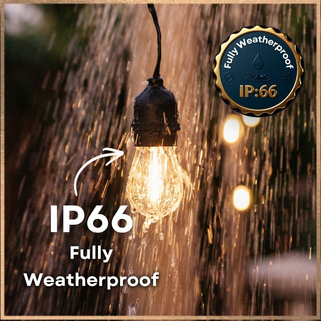 Stellar Drop String Lights glowing warm white while wet with rain, demonstrating the IP66 weatherproof rating