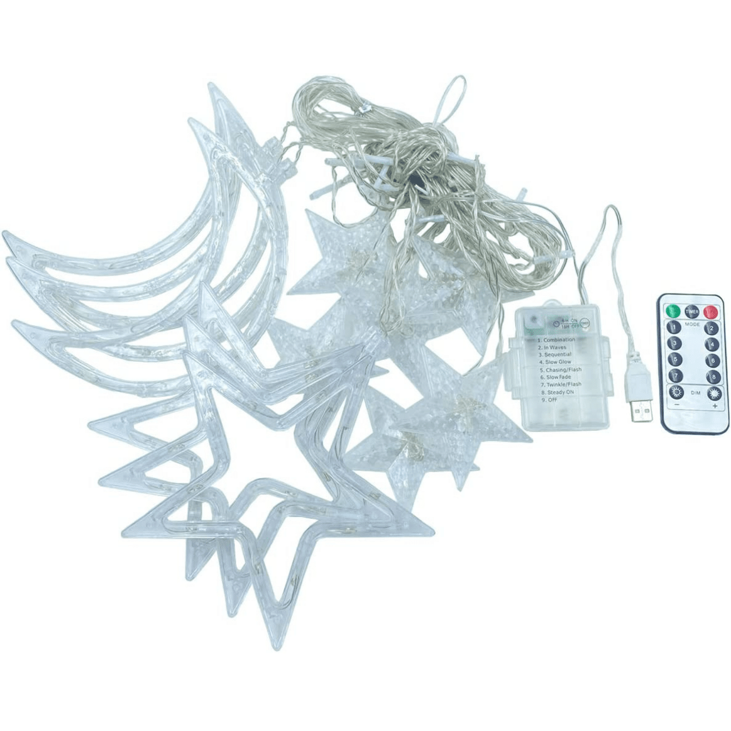 Rechargeable Moon + Star Curtain String Lights - USB & Battery Moon and star curtain string lights powered by USB and battery