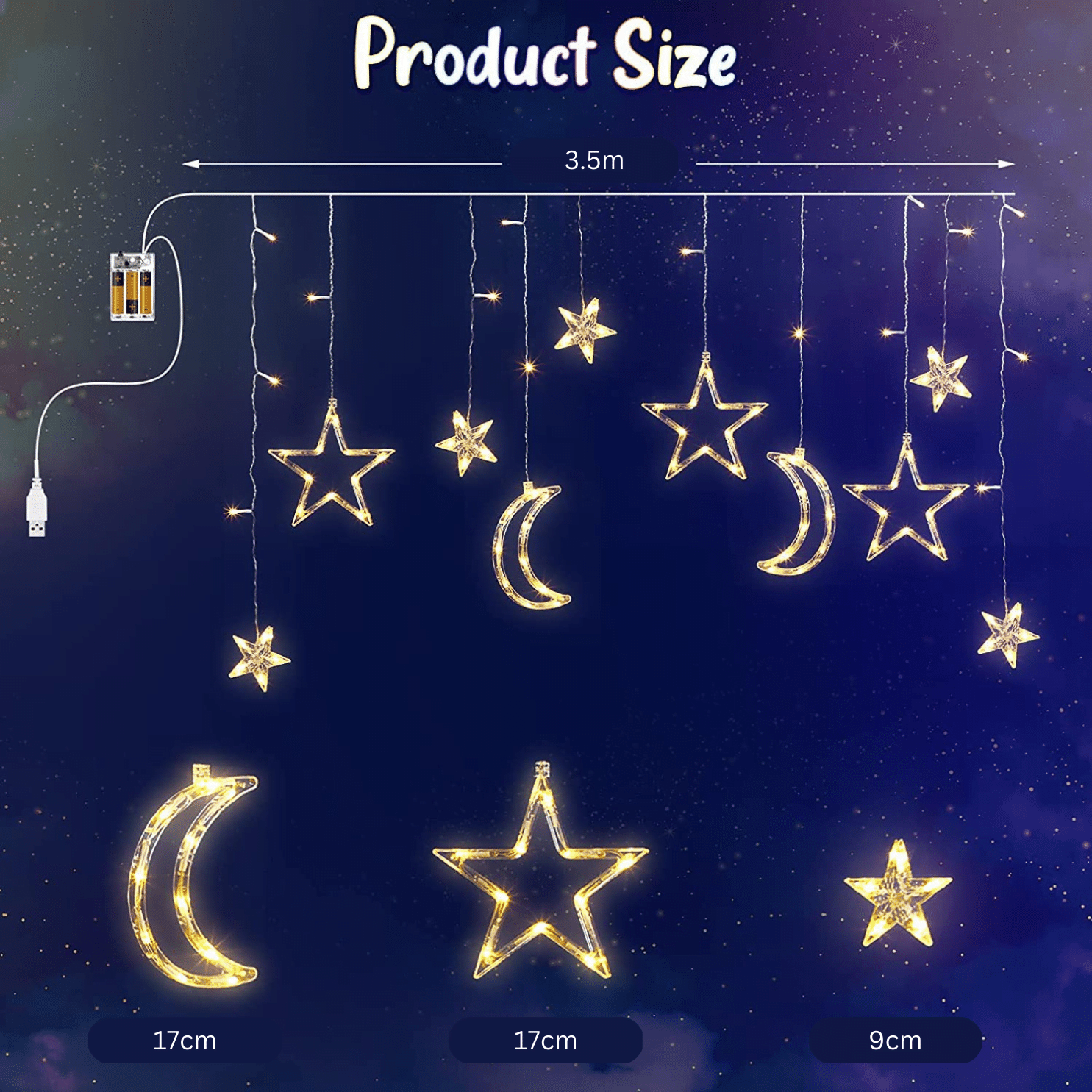 Rechargeable Moon + Star Curtain String Lights - USB & Battery Moon and star curtain string lights powered by USB and battery