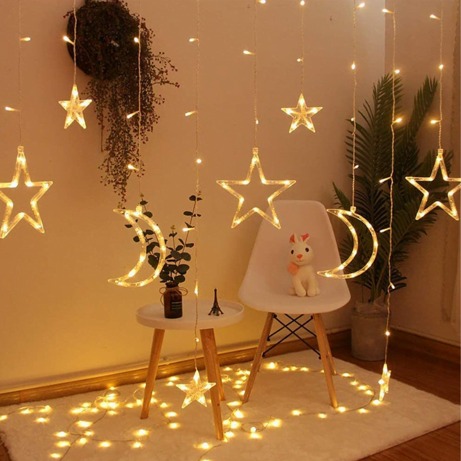 Rechargeable Moon + Star Curtain String Lights - USB & Battery Moon and star curtain string lights powered by USB and battery