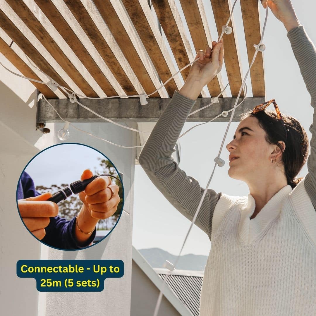 Plug-in 5m 16 LED Bulbs String Light illuminating a garden with a warm white glow, draped around trees and along a patio.