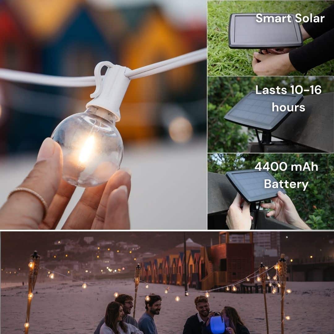 Solar String Lights with 16 Warm White LED Bulbs | White Cable Solar string lights with 16 warm white LED bulbs and white cable.