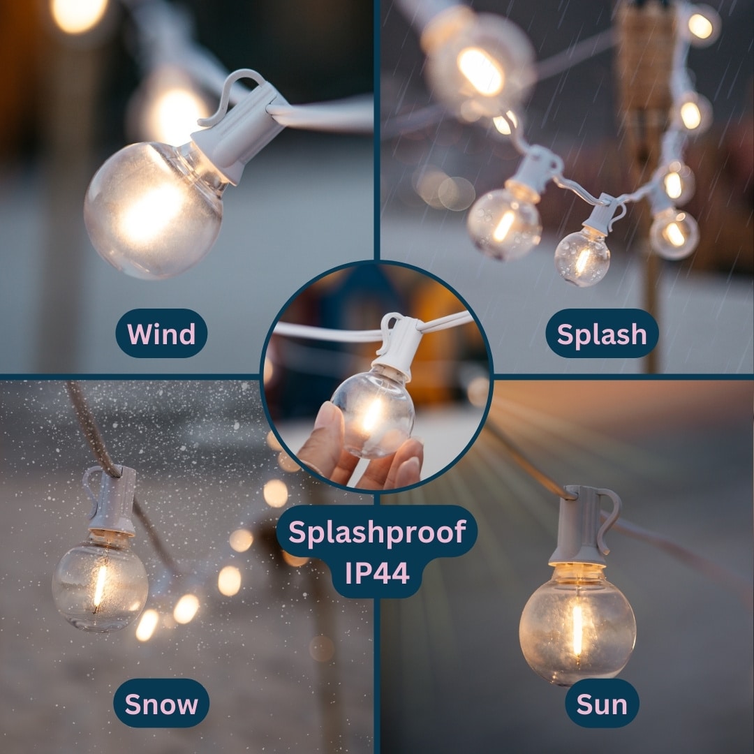 Solar String Lights with 16 Warm White LED Bulbs | White Cable Solar string lights with 16 warm white LED bulbs and white cable.