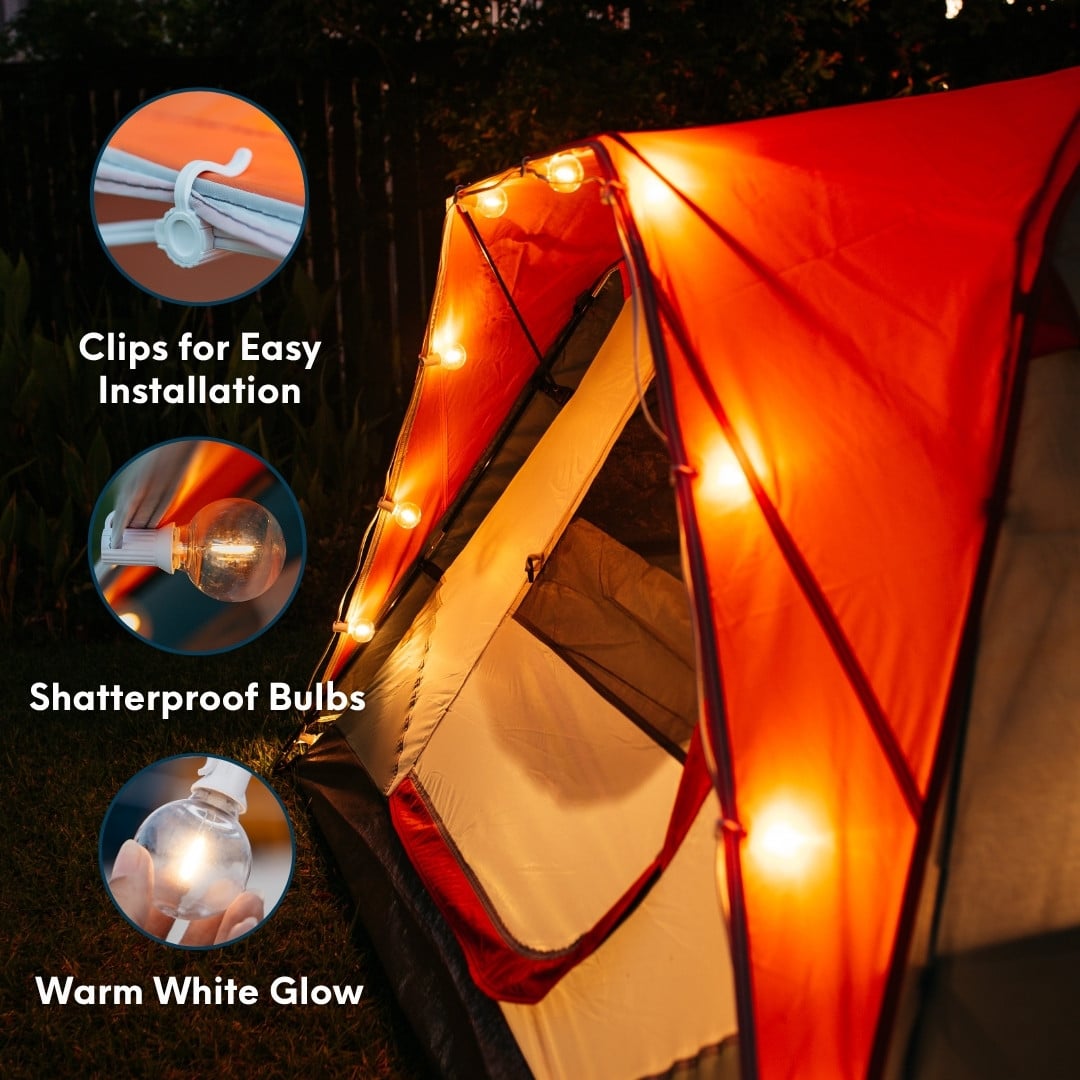 Solar string lights with 16 warm white LED bulbs and white cable.