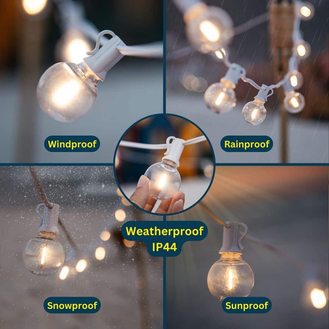 Solar string lights with 16 warm white LED bulbs and white cable.