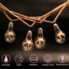 Solar powered cotton string lights with 10 warm LED bulbs hanging in a cosy covered patio setting.