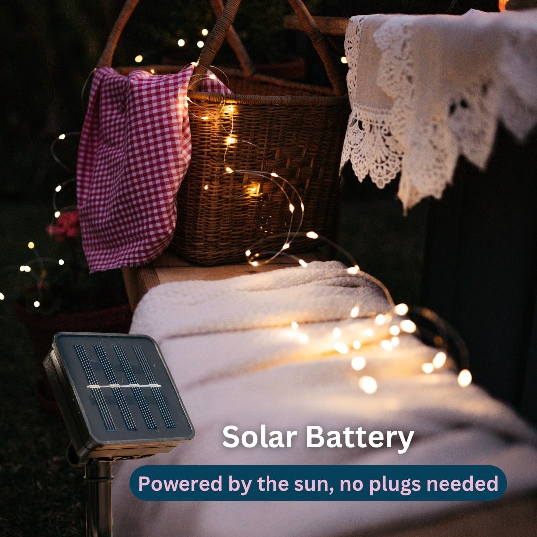 Solar panel with stake and mode buttons for fairy lights