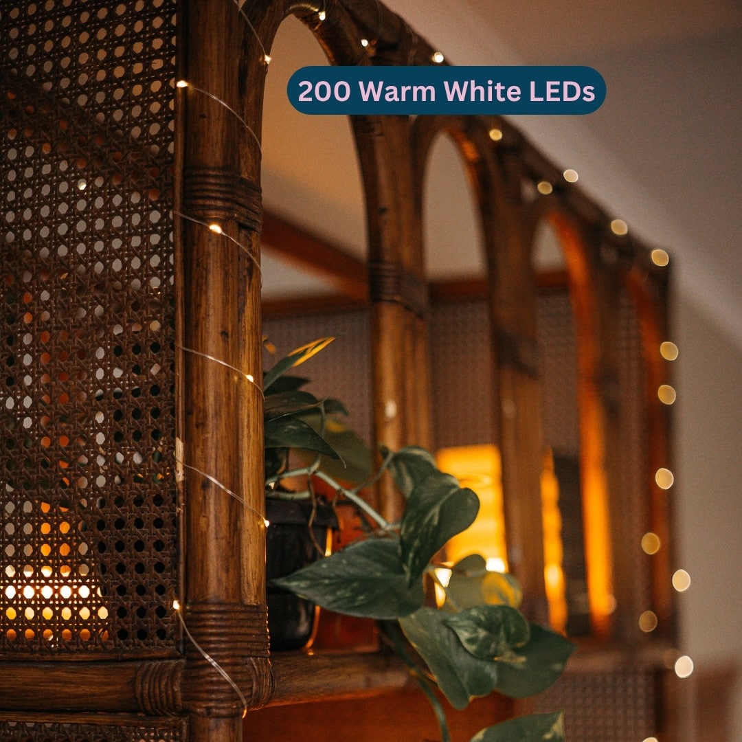 Close-up of copper wire with tiny warm white LED bulbs