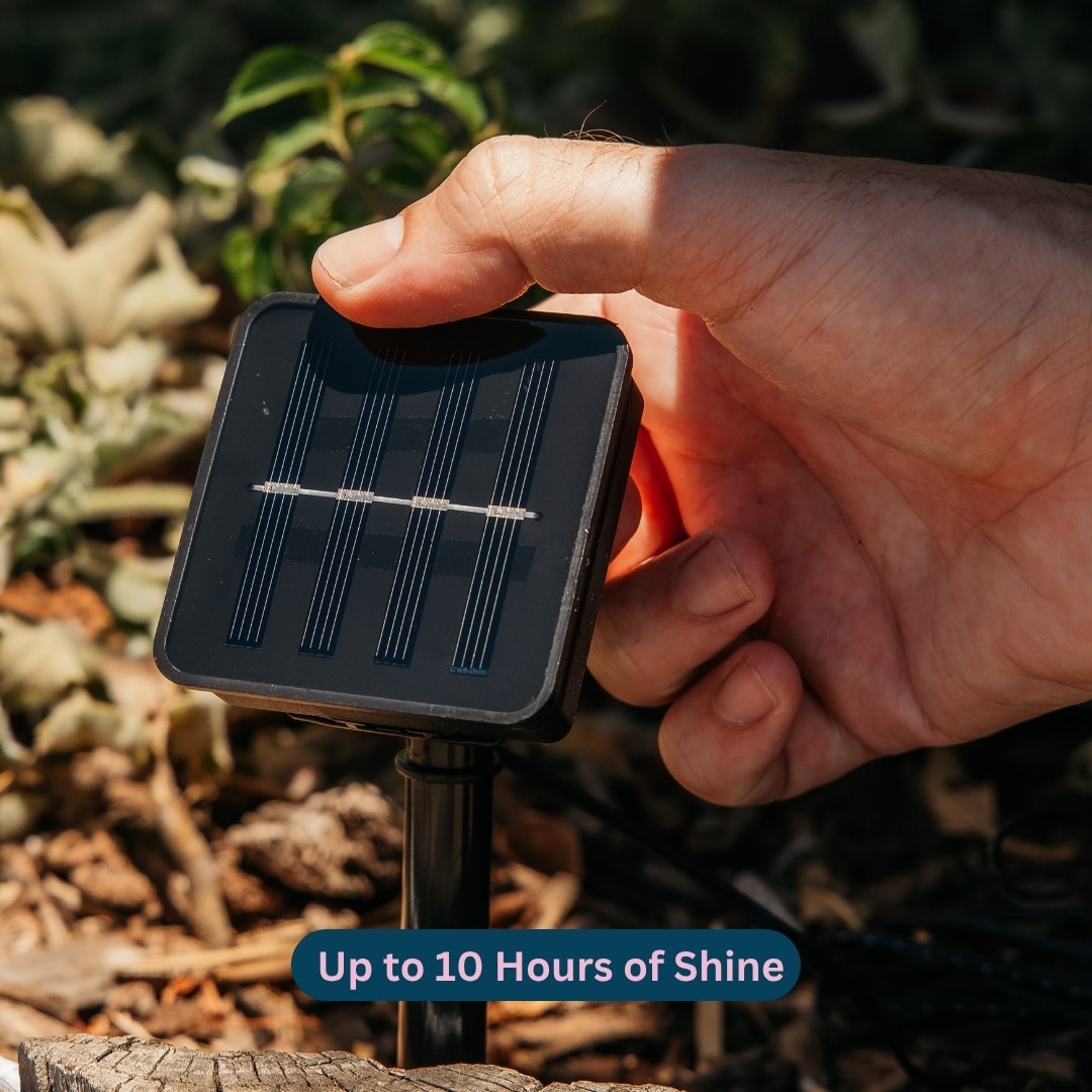 Solar panel with stake and mode buttons for fairy lights