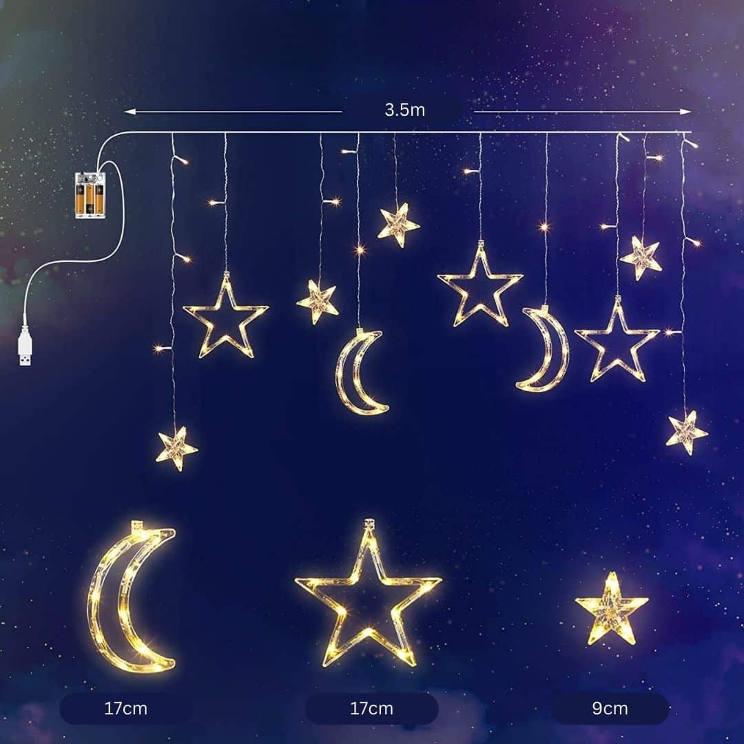 Moon and star curtain fairy lights with warm white glow in bedroom setting