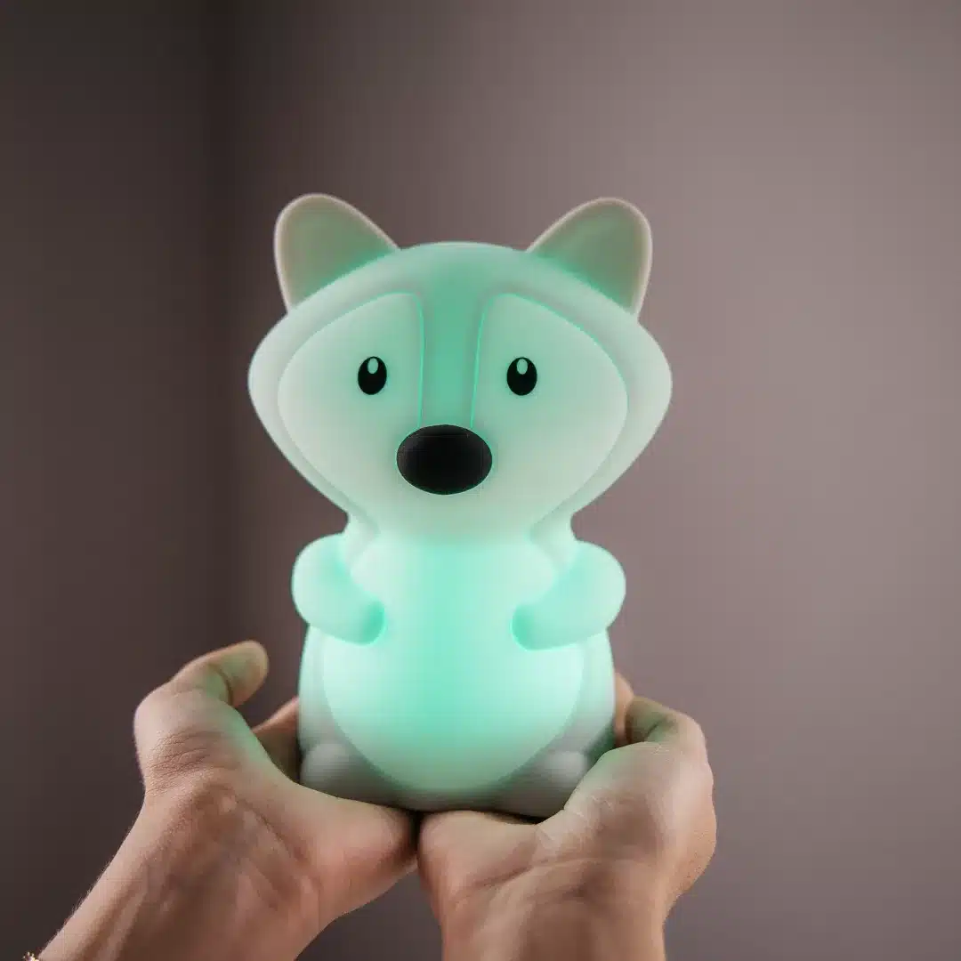 Person holding a fox-shaped night light emitting a gentle glow