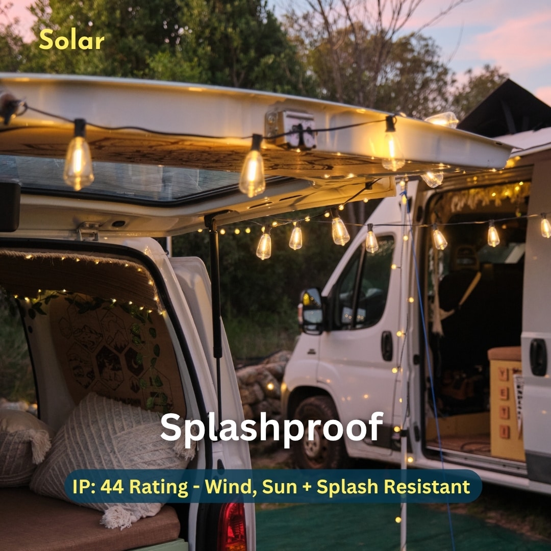 Solar 10m Vintage LED Bulb String Lights for Outdoor Use Solar-powered vintage LED string lights glowing at dusk in an outdoor setup