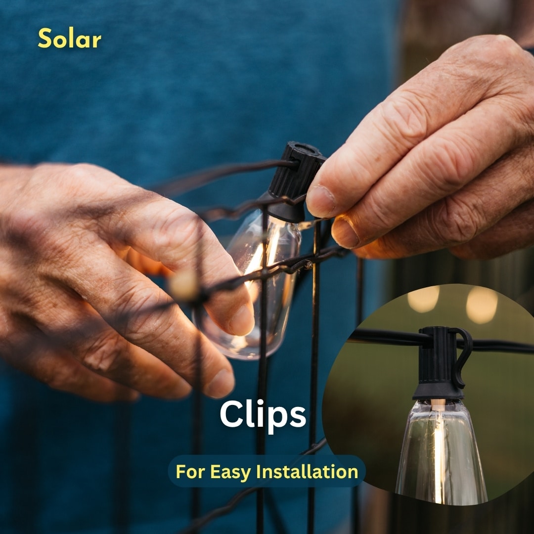 Solar 10m Vintage LED Bulb String Lights for Outdoor Use Solar-powered vintage LED string lights glowing at dusk in an outdoor setup