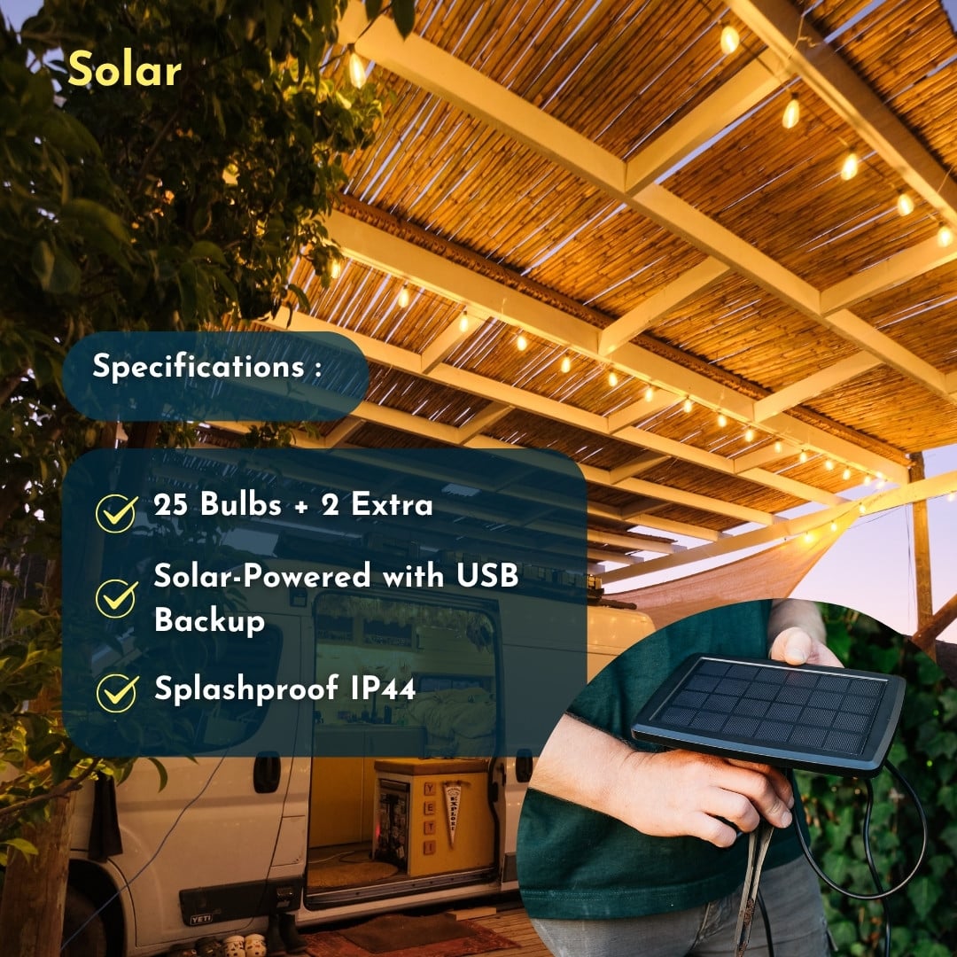 Solar 10m Vintage LED Bulb String Lights for Outdoor Use Solar-powered vintage LED string lights glowing at dusk in an outdoor setup