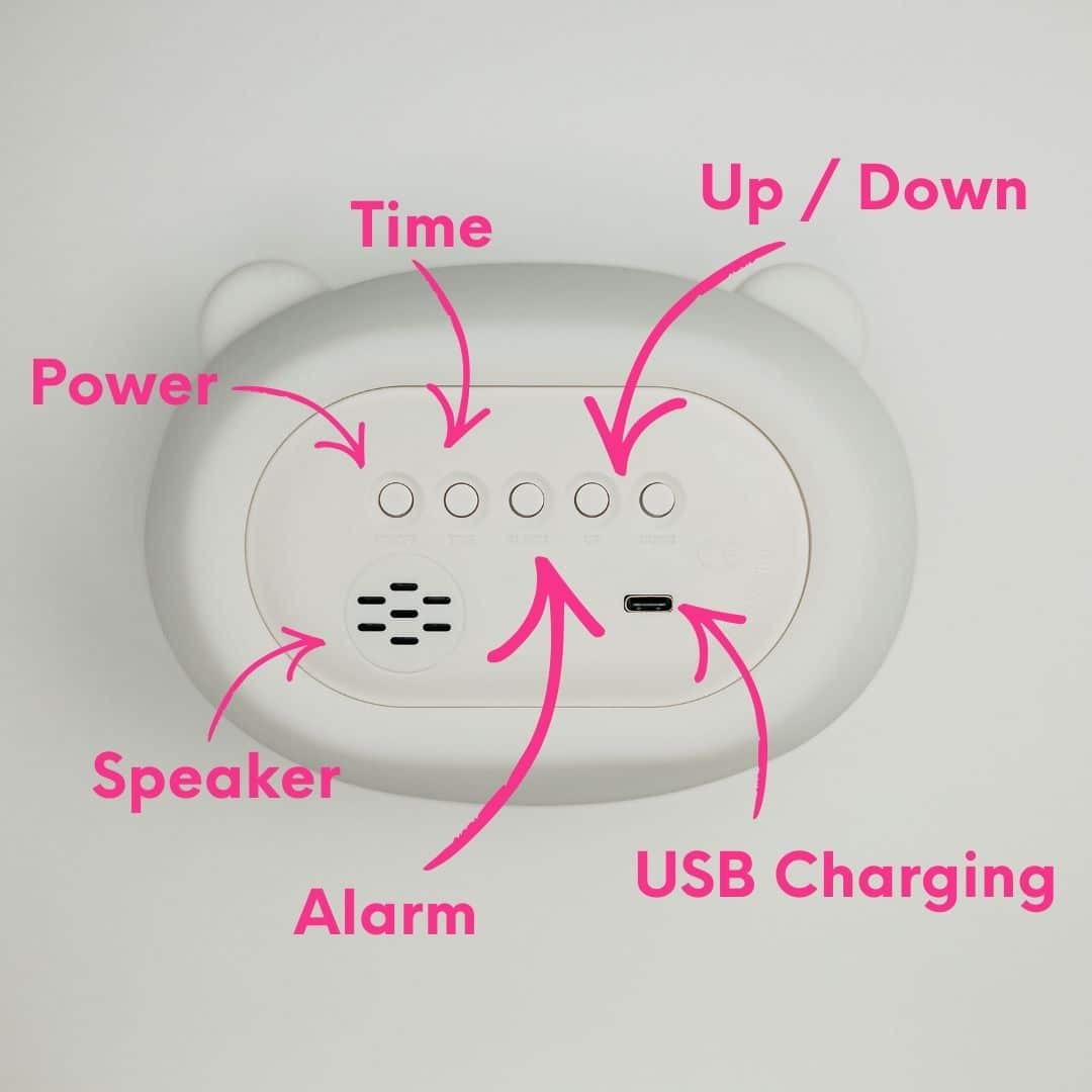 Close up of Lighties kids night light clock display and buttons