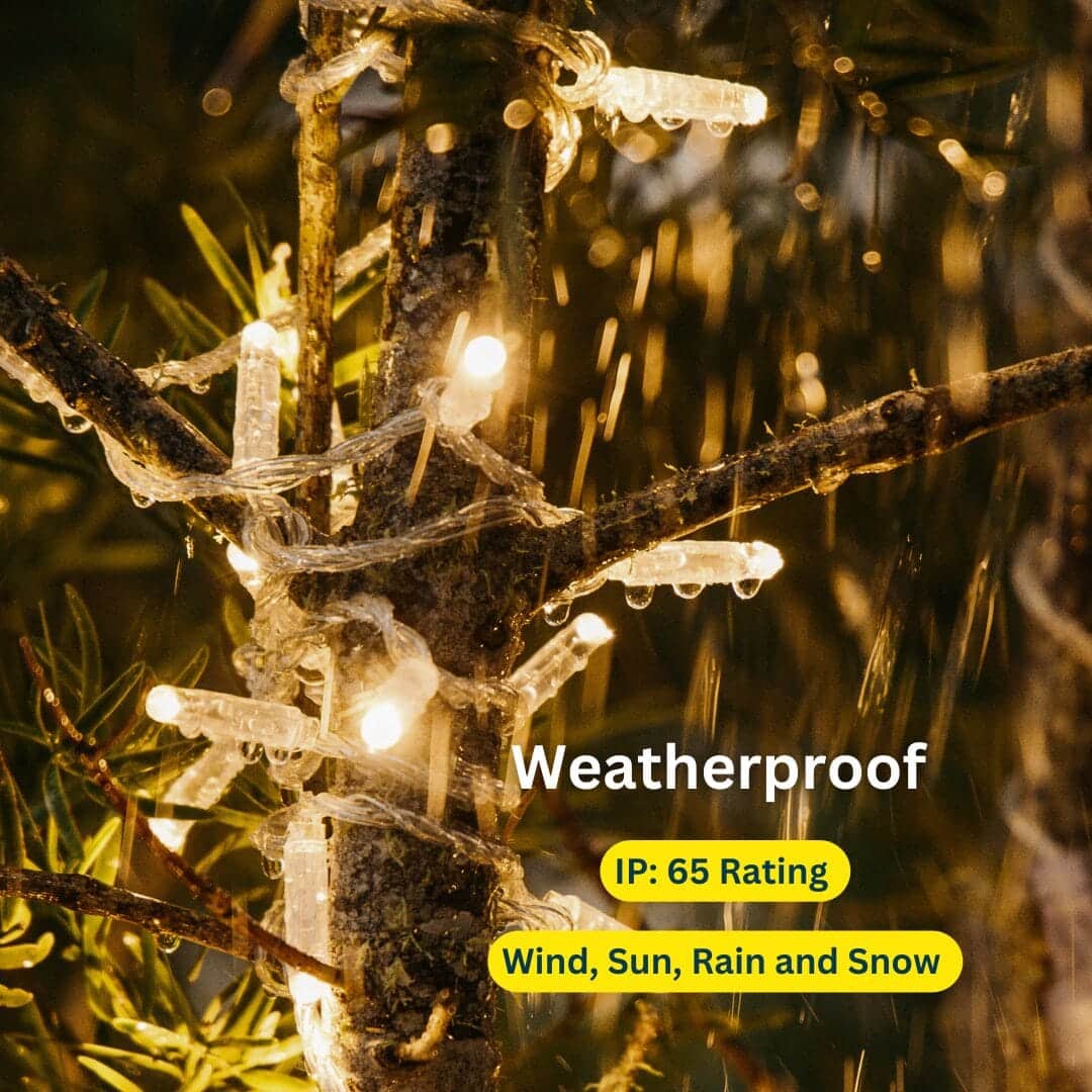 10m LED Fairy Lights in Warm White around a tree.