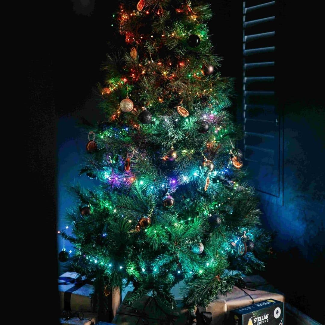 10m 200 Colourful LED Fairy Lights on Green Wire on Christmas Tree