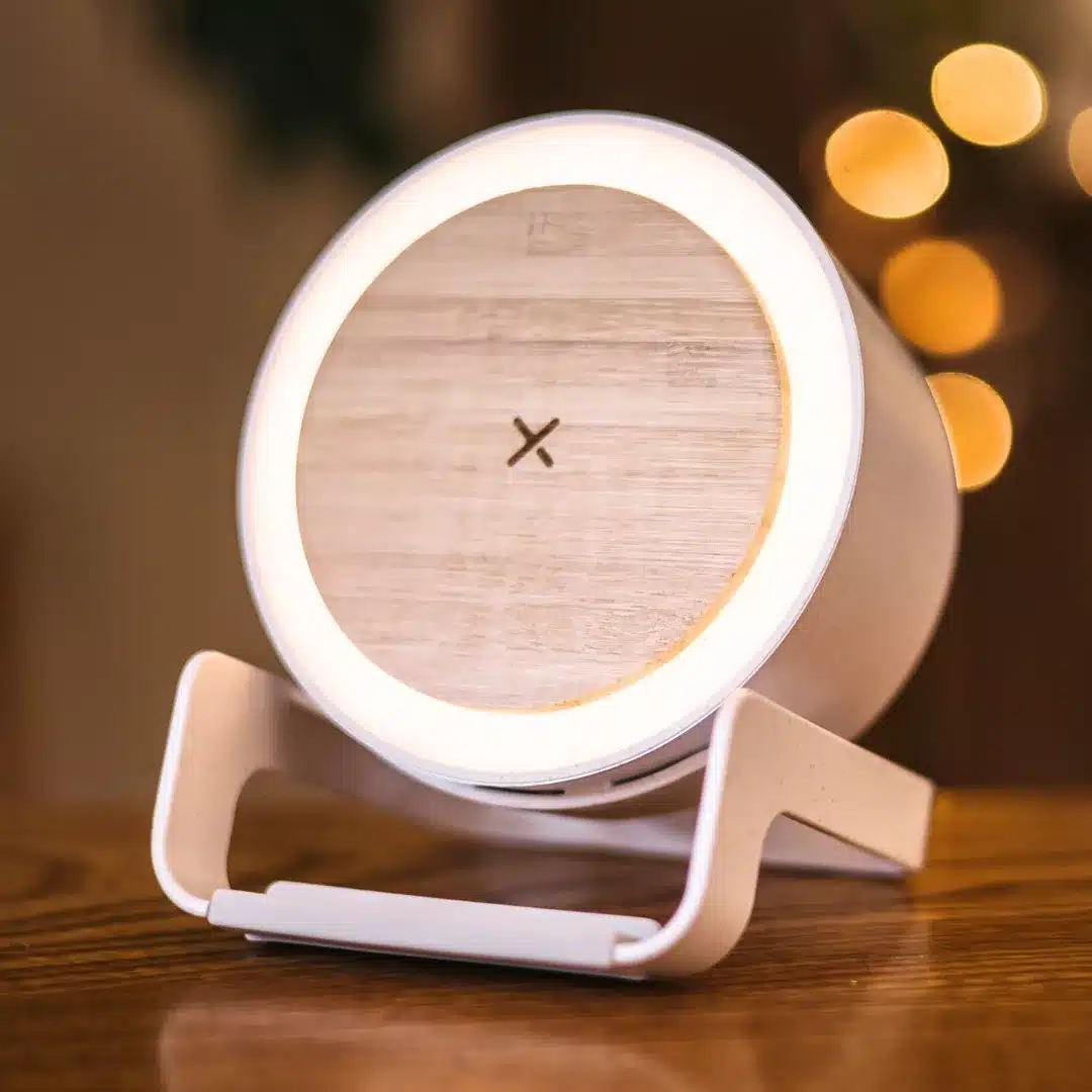Bamboo Bluetooth speaker night light with wireless phone charger