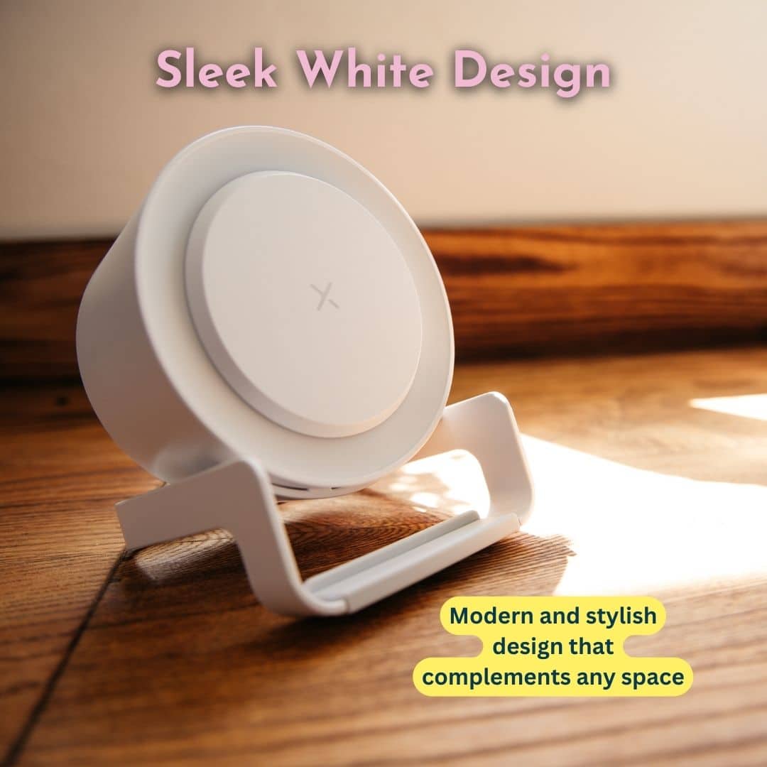 Bluetooth Speaker with Phone Charger and LED Touch Light – White, plugged in.